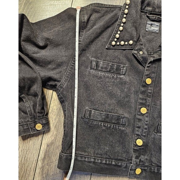 Liz Claiborne Vintage Lizwear Black Denim Jacket Pearls Japanese Flowers - Picture 11 of 14